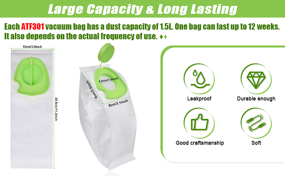 Rebirthcare 10 pack atf301 dust bags replace for gtech pro/pro k9