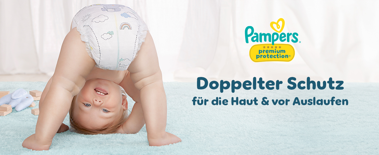 Baby schaut durch seine Beine und im Text steht doppelter Schutz für die Haut und vor Auslaufen.