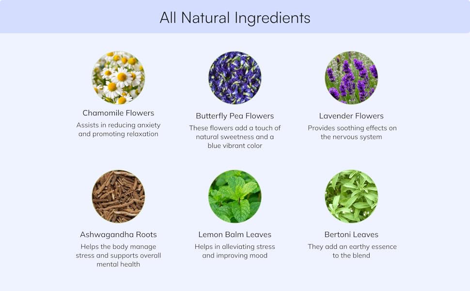Chamomile Butterfly Pea Flowers Lavender Ashwagandha Lemon Balm Leaves