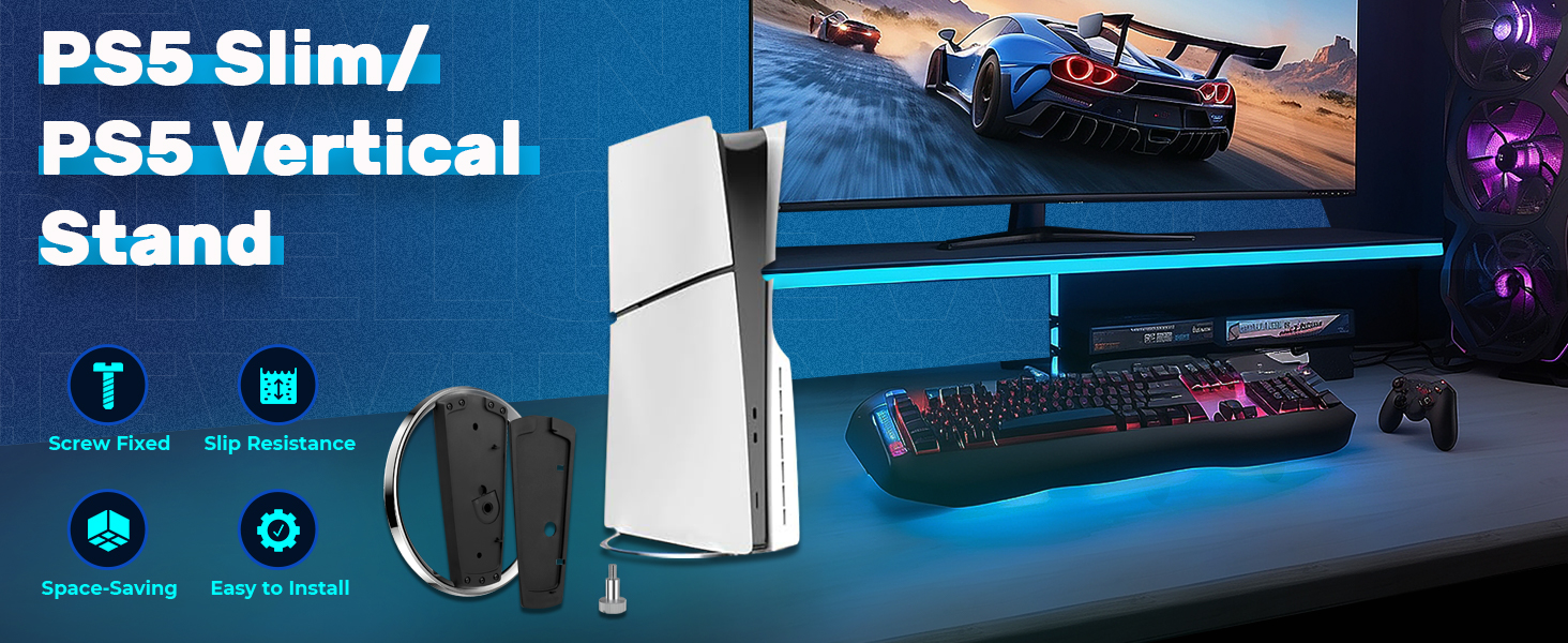 avec éclairage d'ambiance LED bleu, illustré dans la configuration de jeu avec clavier et écran d'affichage