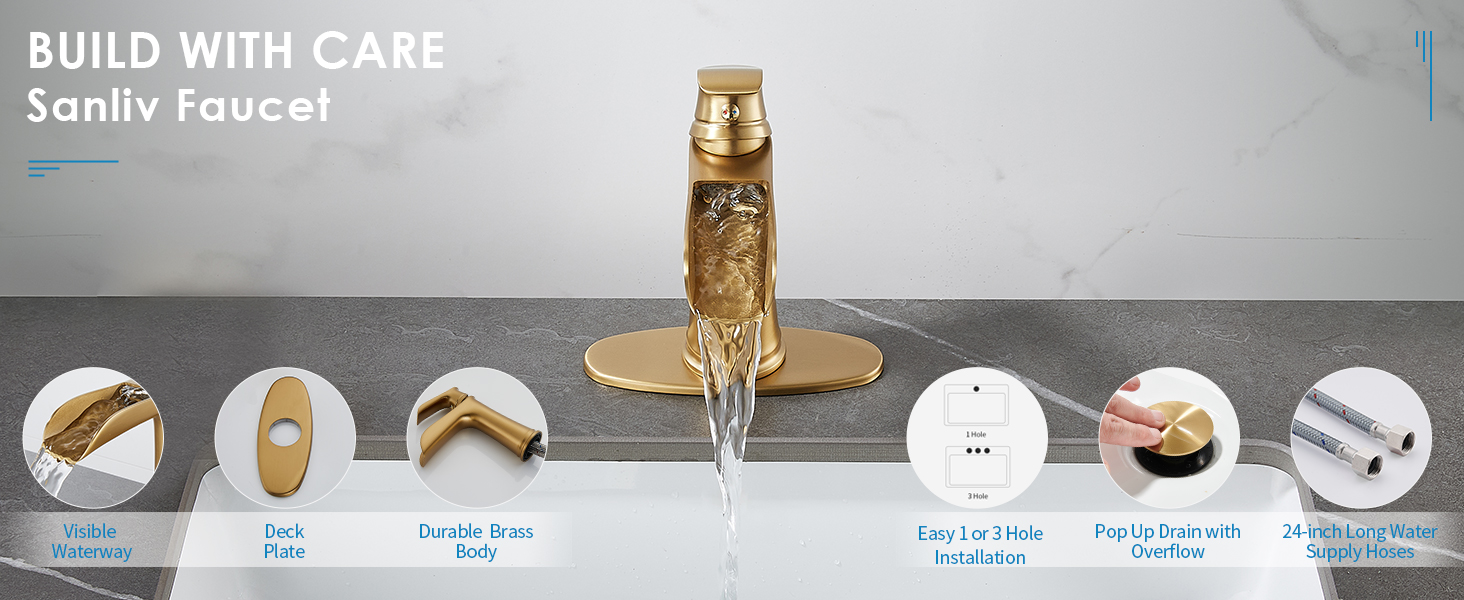 Brushed Gold Bathroom Faucet Single Hole, Modern Waterfall Bathroom