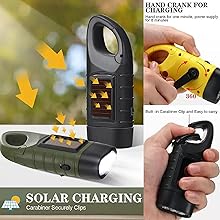 Flashlight powered by solar charging or hand crank. No batteries ever needed!