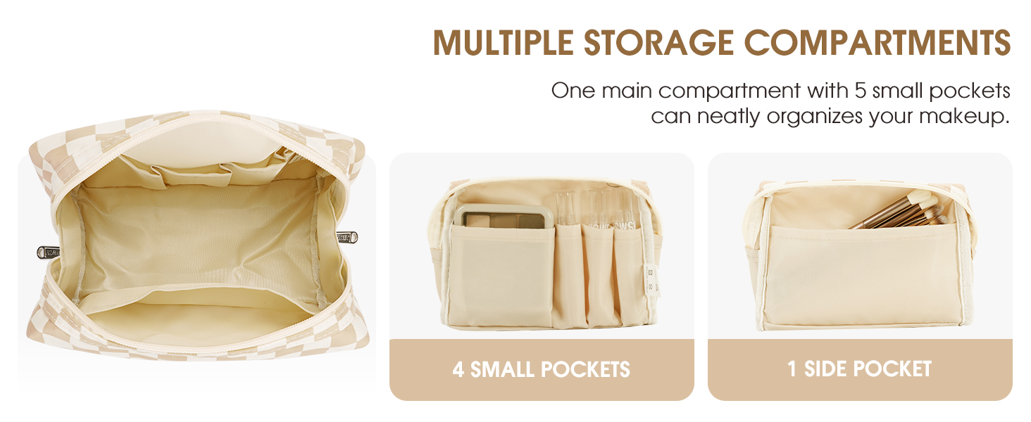 Beige fabric organizer with multiple storage compartments. Main section and side pockets visible, designed for organizing personal items.