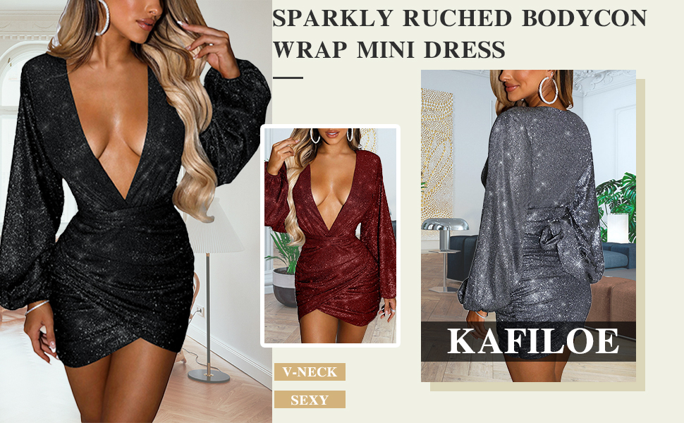 Glitter Sequin V Neck Bodycon Wrap Mini Dress