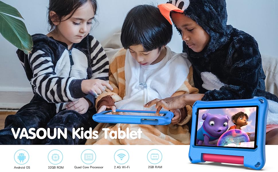 VASOUN kids tablet with blue protective case featuring interactive screen display. Product interface shows multiple app icons below.