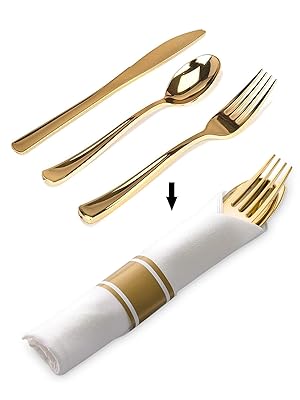 Pre Rolled Napkin and Cutlery Set 25 Pack Disposable Silverware for Catering Events, Parties