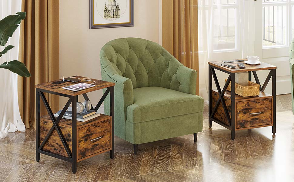 Rolanstar End Table with Wireless Charging Station, Farmhouse Sofa Side