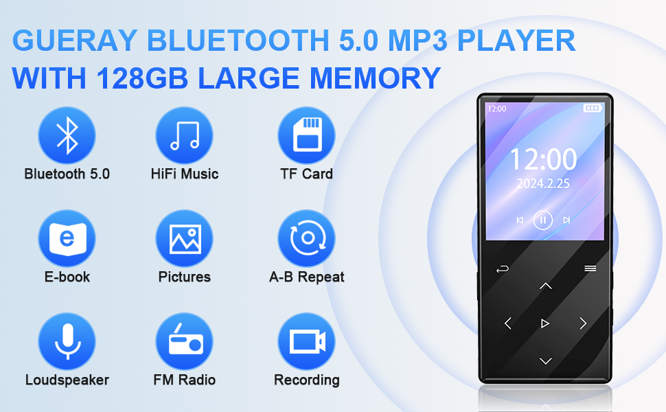 Gueray 128GB MP3 Player with Bluetooth 5.0 Portable Digital Music Player with HiFi Sound Built