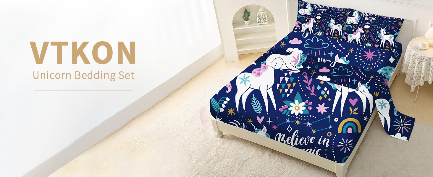 VTKON Navy Blue Unicorn Sheets Set Twin Teen Girl Bedding