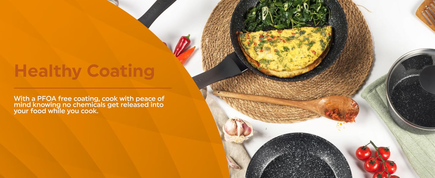 Cooking scene with cast iron pans containing a yellow dish, possibly an omelet. Orange text 'Healthy Coating' is visible in the top left corner.