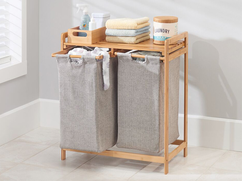 mDesign Freestanding Bamboo 2 Section Double Laundry Organizer Hamper