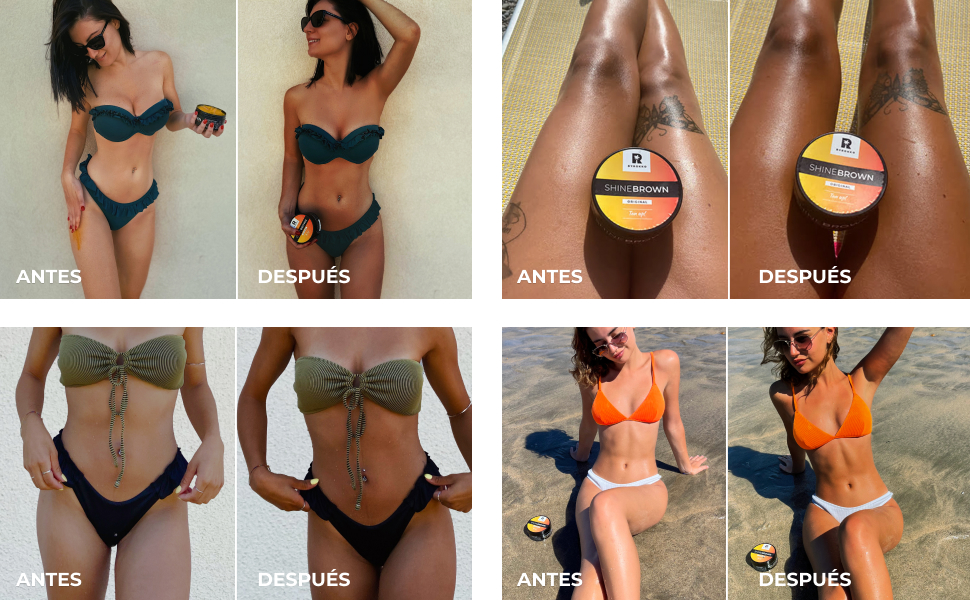 Imagens de comparação antes e depois mostrando os efeitos de um produto de bronzeamento em diferentes áreas do corpo. Embalagem do produto visível em algumas imagens.