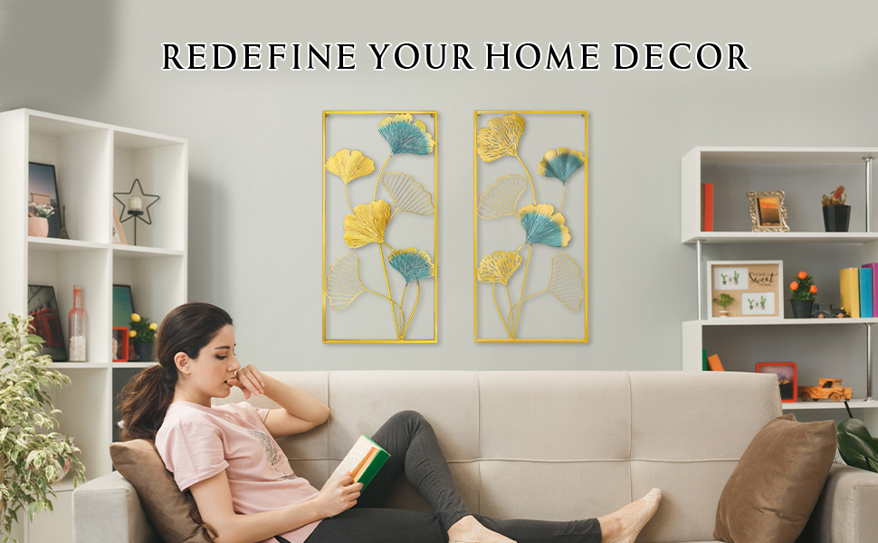 HUIZHILANXIN Metal Wall Art Set of 2 Gold Wall Decor Ginkgo Leaf Wall Decorations with Frame for Living Room Bedroom Study Room Home Office (33.5" X 15.75") 18 Wall Hanging Decoration Gold Bedroom Accessories Decorations for Living Room