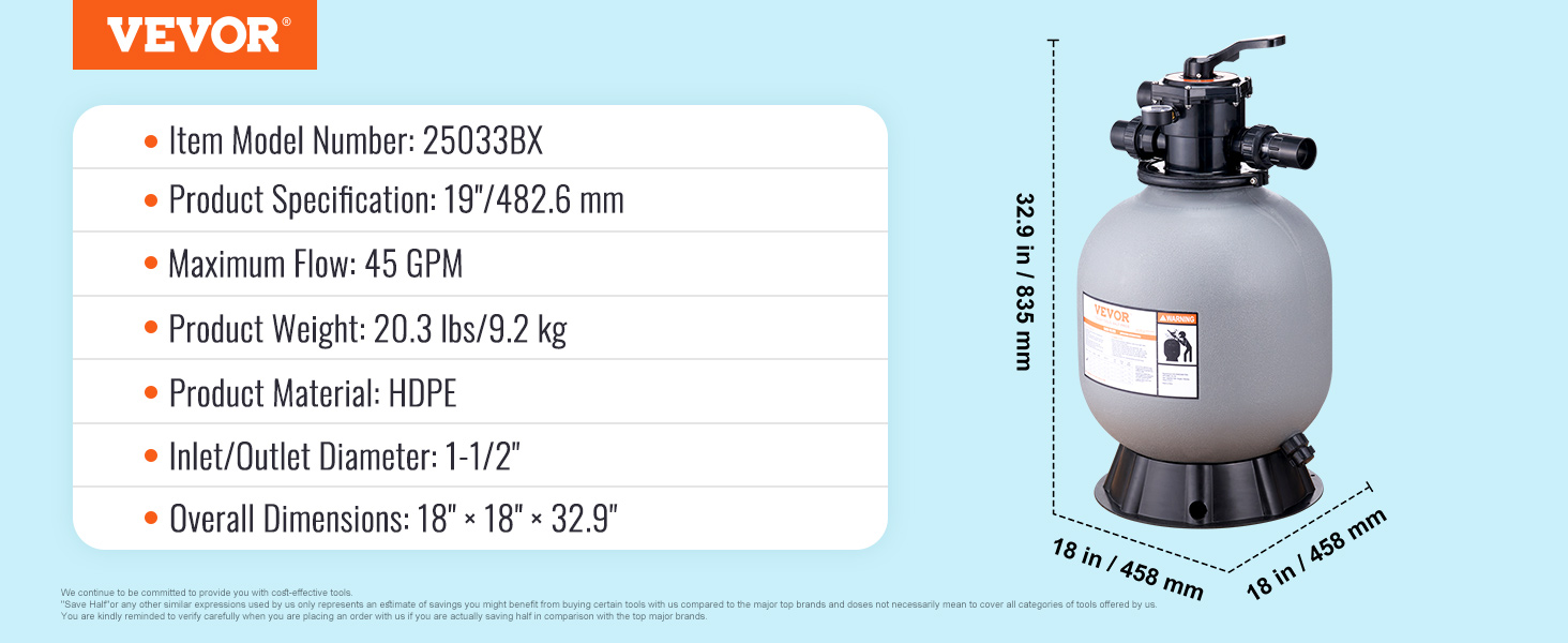 VEVOR 25033BX 19inch, Up to 45 GPM Flow Rate, Above