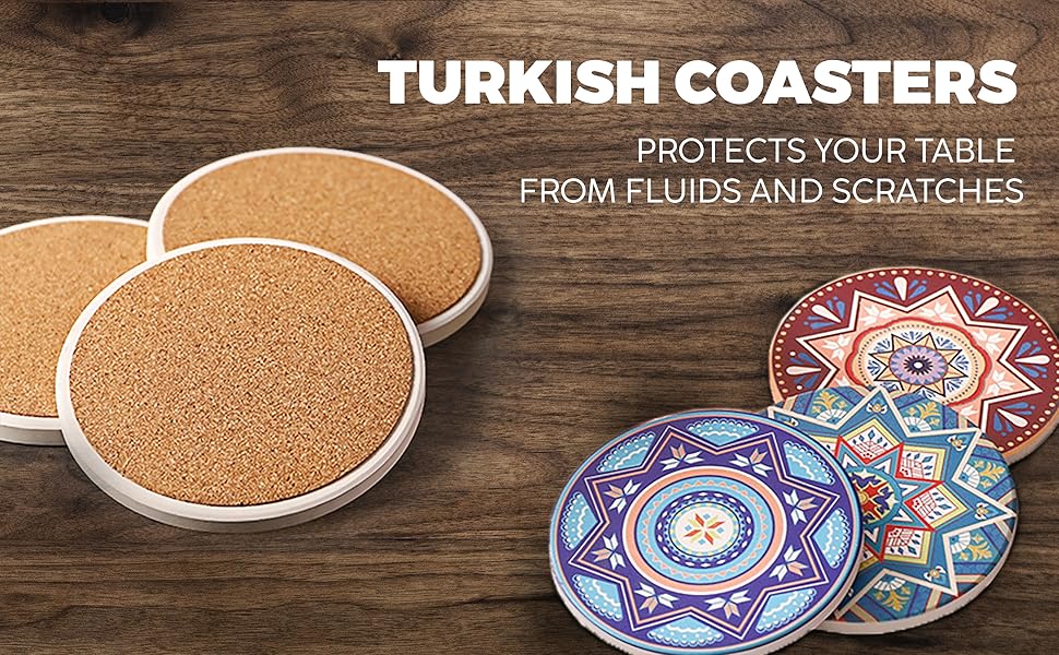 MALANGI Drink Coasters Set of 6 Ceramic Turkish Coasters Absorbent