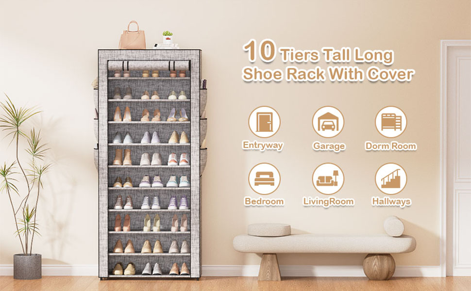 Large Shoe Rack with Cover, 10+1 Tiers Tall Shoe Rack