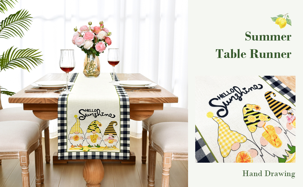 Summer Seasonal Gnomes Table Runner Sunshine Sunflower Black White Buffalo Plaid