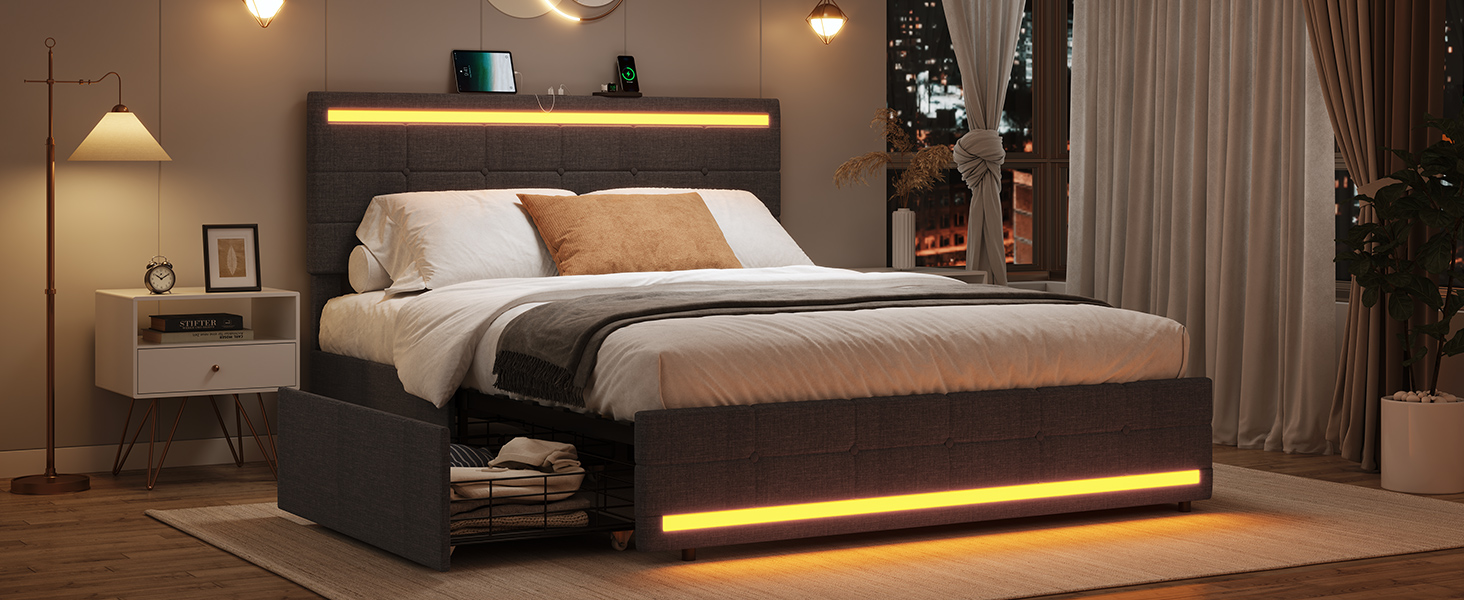 ADORNEVE LED Full Size Bed Frame with Storage Drawers