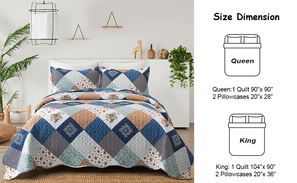 Dinjoy Reversible Patchwork Quilt Bedding Set Queen Size Blue Green