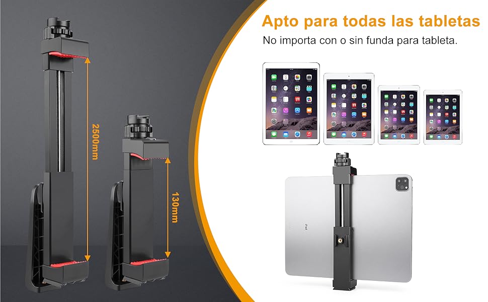 Soporte ajustable para tableta con ajustes de altura y ángulo. Compatible con varios modelos de iPad, con posiciones extendidas y compactas