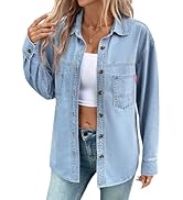 Sidefeel Women Denim Shirts Oversized Long Sleeve Button Down Blouse V Neck Casual Top Shackets