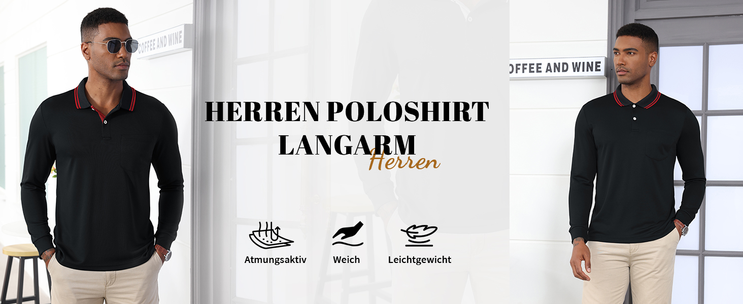 El texto dice «HERREN POLOSHIRT LANGARM». Varias vistas de un polo negro de manga larga que muestra las características del producto y las opciones de estilo.