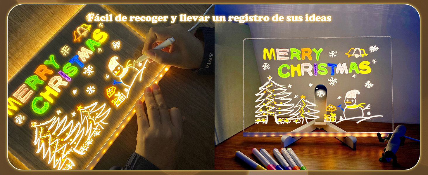 Dos paneles de visualización iluminados que muestran el texto «FELIZ NAVIDAD» con diseños decorativos de árboles de Navidad y personajes con una iluminación LED brillante.