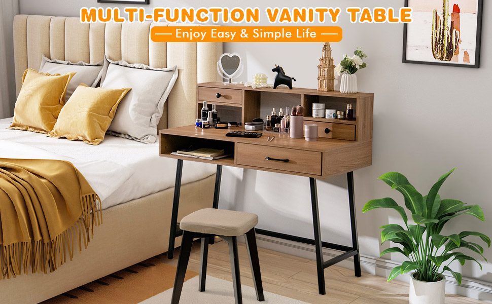 COSTWAY Multifunctional Dressing Table, Vanity Makeup Desk With 3 Drawers And Open Shelves, Home Office Bedroom Computer Desk Writing Study Table 11 1