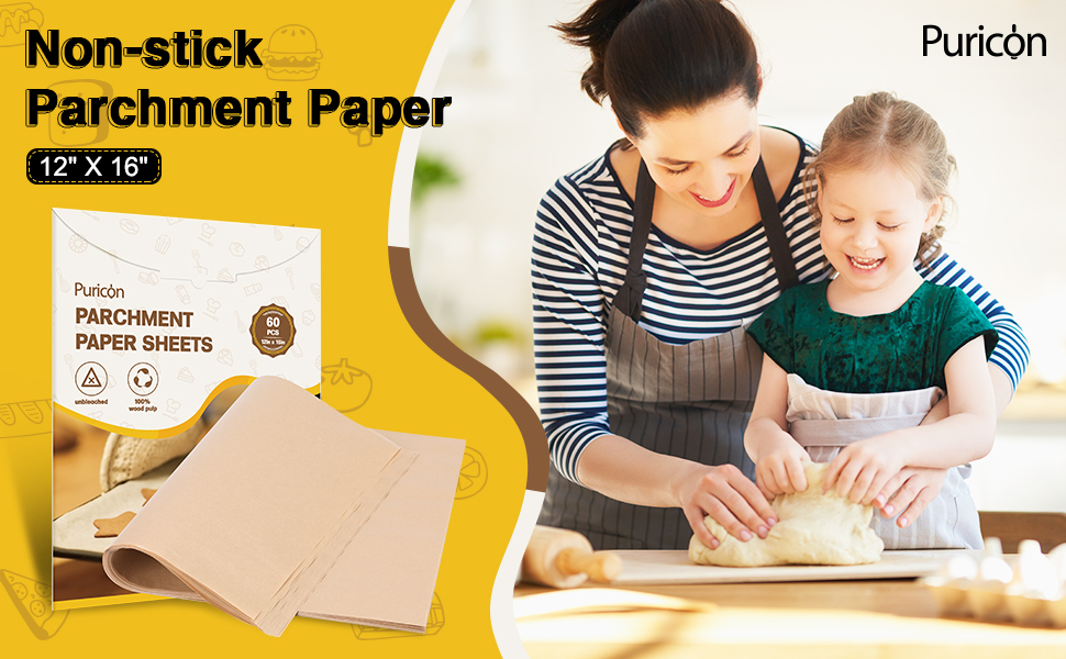 Puricon PreCut Baking Parchment Paper 60 Sheets for Kitchen Cooking