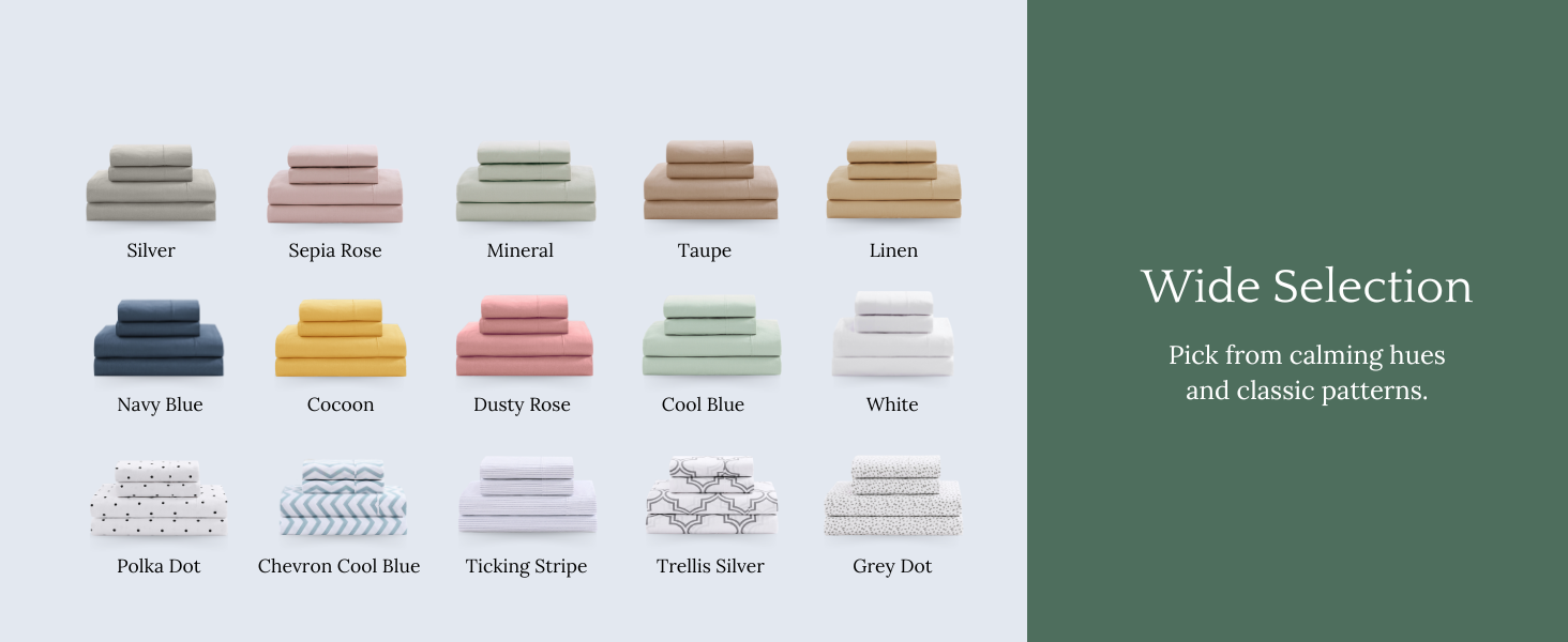Variety of Lane Linen sheet colors and patterns displayed.