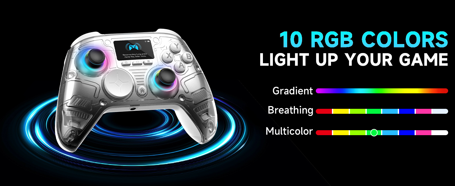 Text reads '10 RGB COLORS LIGHT UP YOUR GAME'. Gaming controller with illuminated RGB lighting effects shown against dark background with color gradient display.