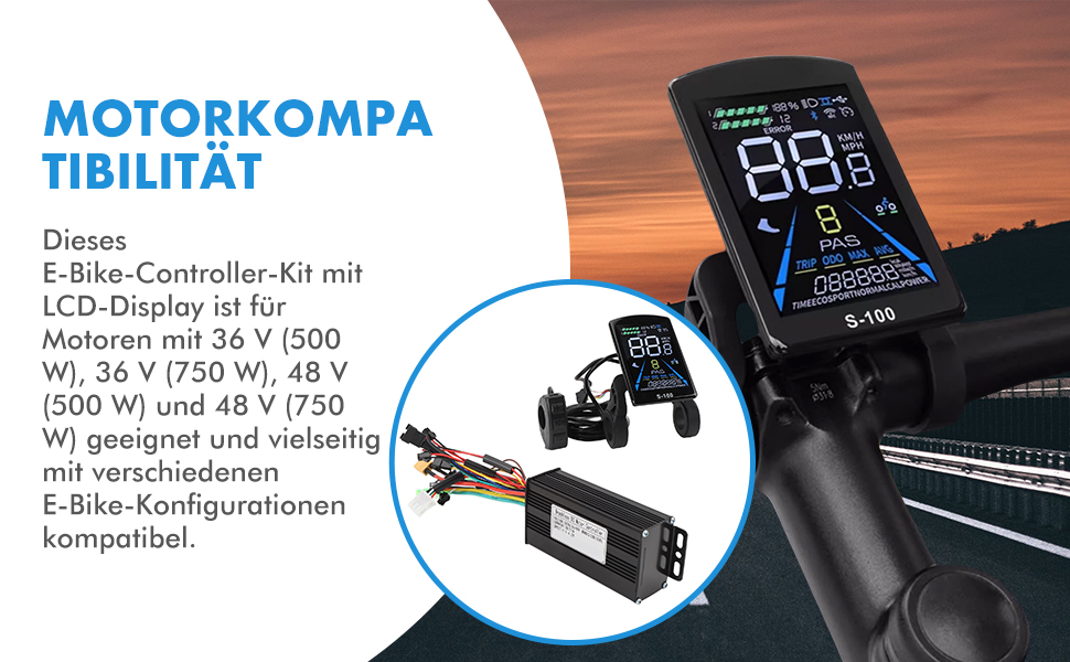 E-bike controller display unit with LCD screen showing digital readout, featuring voltage compatibility information and control interface.