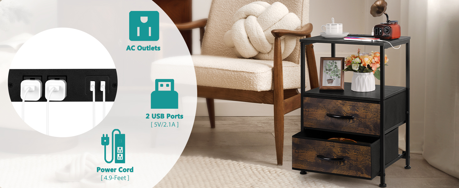 Nightstand with Charging Station Black Bedside Table with 2 Fabric