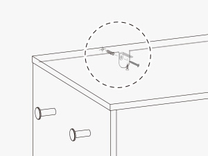 Technische Strichzeichnungen mit Montageanleitungen für Möbel mit gepunkteten Linien und Pfeilen, die die Montageschritte angeben.