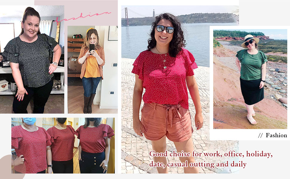 Romwe Plus Size Polka Dots Ruffle Short Sleeve Round Neck Blouses