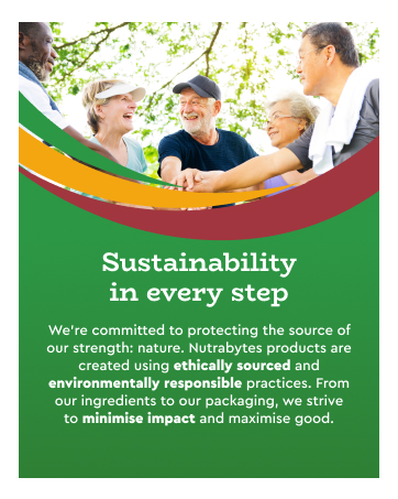 Text reads: 'Sustainability in every step. We're committed to protecting the source of our strengths: nature. thinkbytes products are created only ethically sourced. From our production methods to our ingredients to our packaging, we strive to minimize impact and maximize good.'