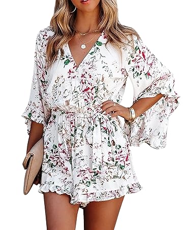 SPRIME Ladies's Floral Print Rompers for Summer season Wrap V Neck Double Layered Ruffle Hem Jumpsuit Quick Sleeve Waist Tie Romper 13 Elegant Ruffle Hem Short Romper