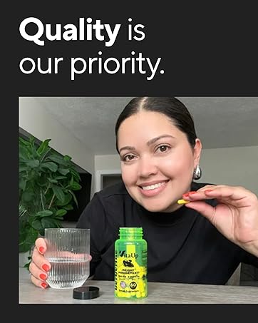 Quality is our priority text with Woman holding bottle of berberine supplement