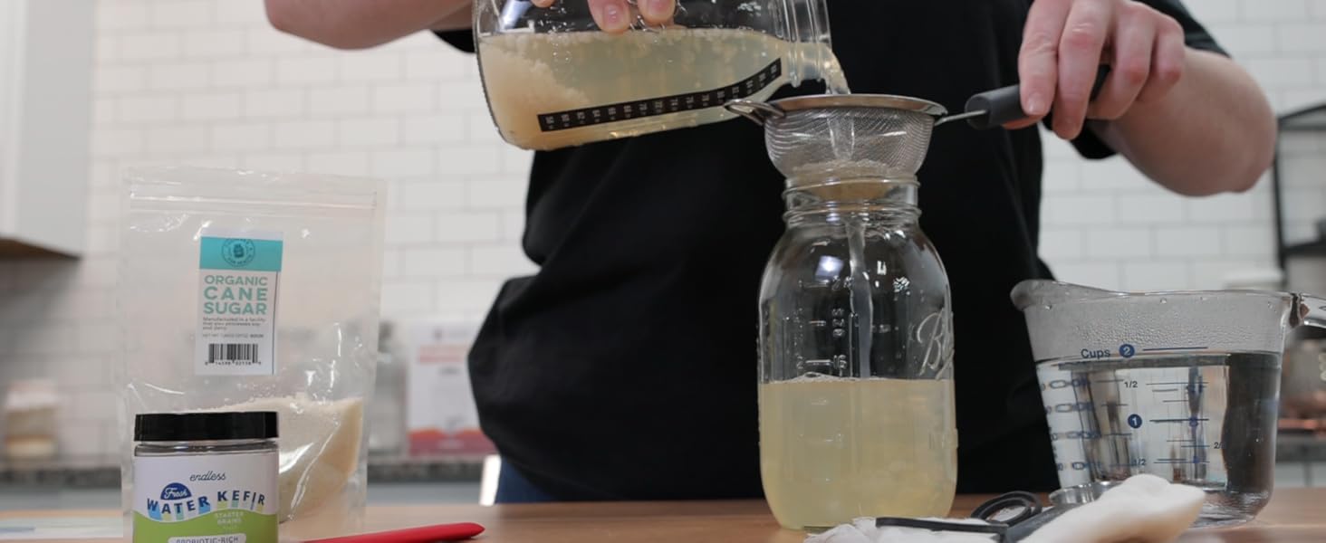 straining grains from water kefir; kefir grains organic live starter kit; water kefir grain;