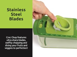 Green crocodile-shaped veggie chopper with razor-sharp stainless steel blades.