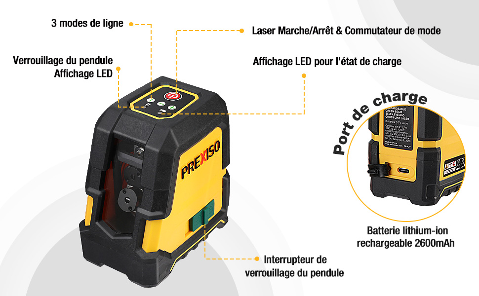 PREXISO Niveau Laser Auto-nivelant Rechargeable 30M (Faisceau Vert), Traceur De Ligne Laser Avec Batterie 2600mAh, Ligne Laser Croisé Avec Base Magnétique Pivotante, Plaque Cible Et Sac Portable 11 1