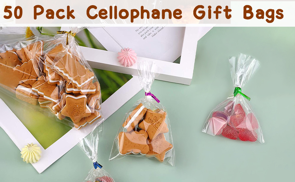 50 Pack Cellophane Bags, Food Cookie Bags Clear Cellophane Bags with 50