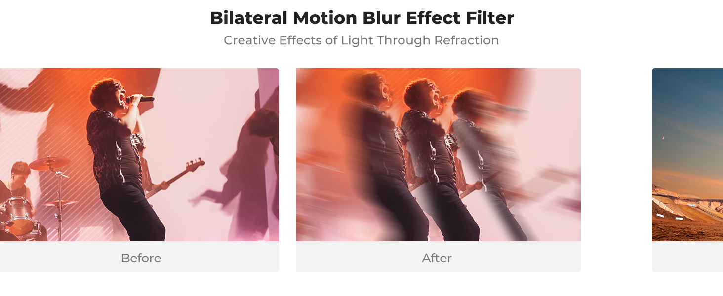Before and after comparison of a bilateral motion blur effect filter applied to concert photography, demonstrating creative light refraction techniques in image editing.