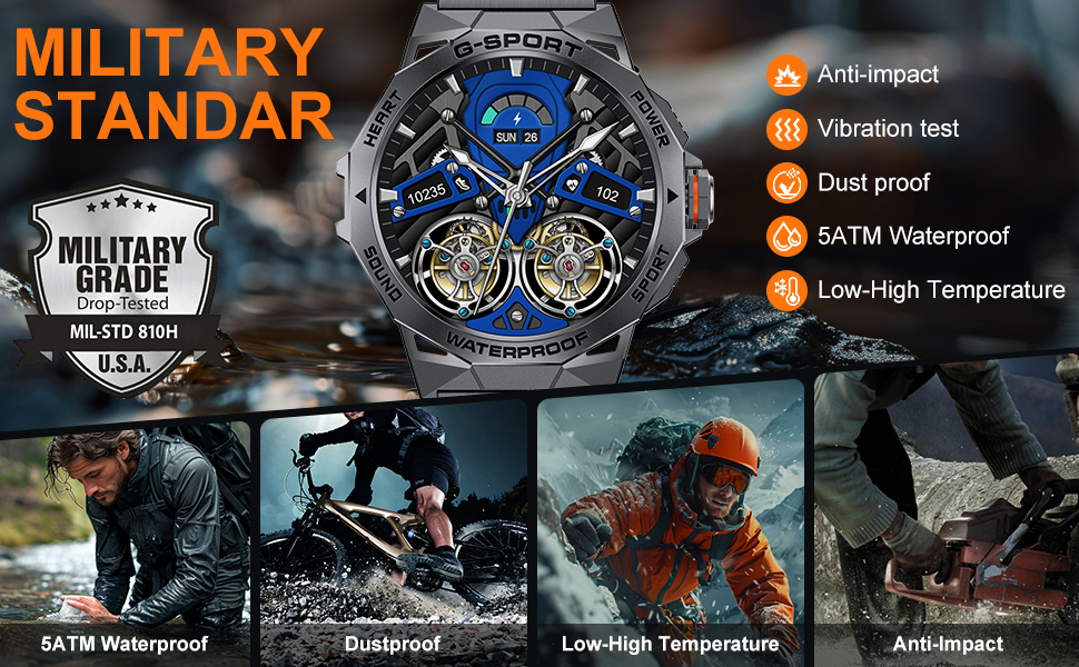 Military-grade sports watch with dual chronograph displays, blue dial, and metal case. Features anti-impact, vibration resistance, dust-proof, and 5ATM waterproof capabilities.