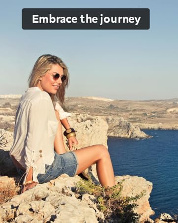 Text reads 'Embrace the journey'. Series of outdoor coastal scenes showing rocky cliffs against blue ocean and sky backdrop.