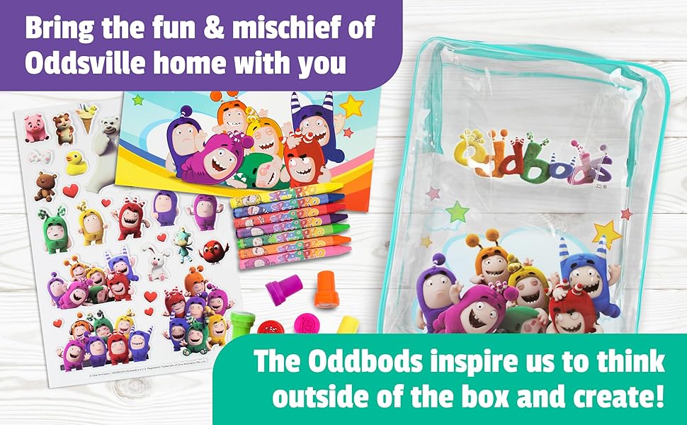 amazon com oddbods creativity set arts and crafts for kids kit includes wax pencils stickers stamps coloring book and travel bag art supplies for children ages 2 toys games