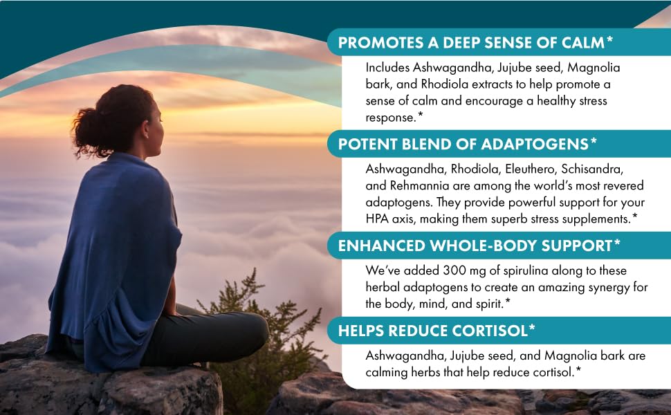 promotes a deep sense of calm with a potent blend of adaptogens, reduces cortisol