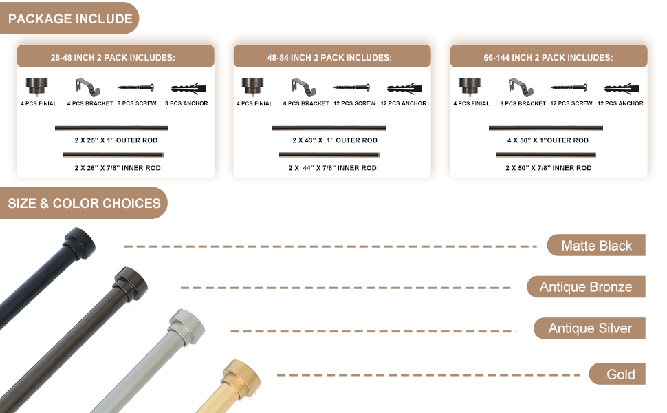 2 Pack Bronze Curtain Rods for Windows 48 to 84 Inch(47ft