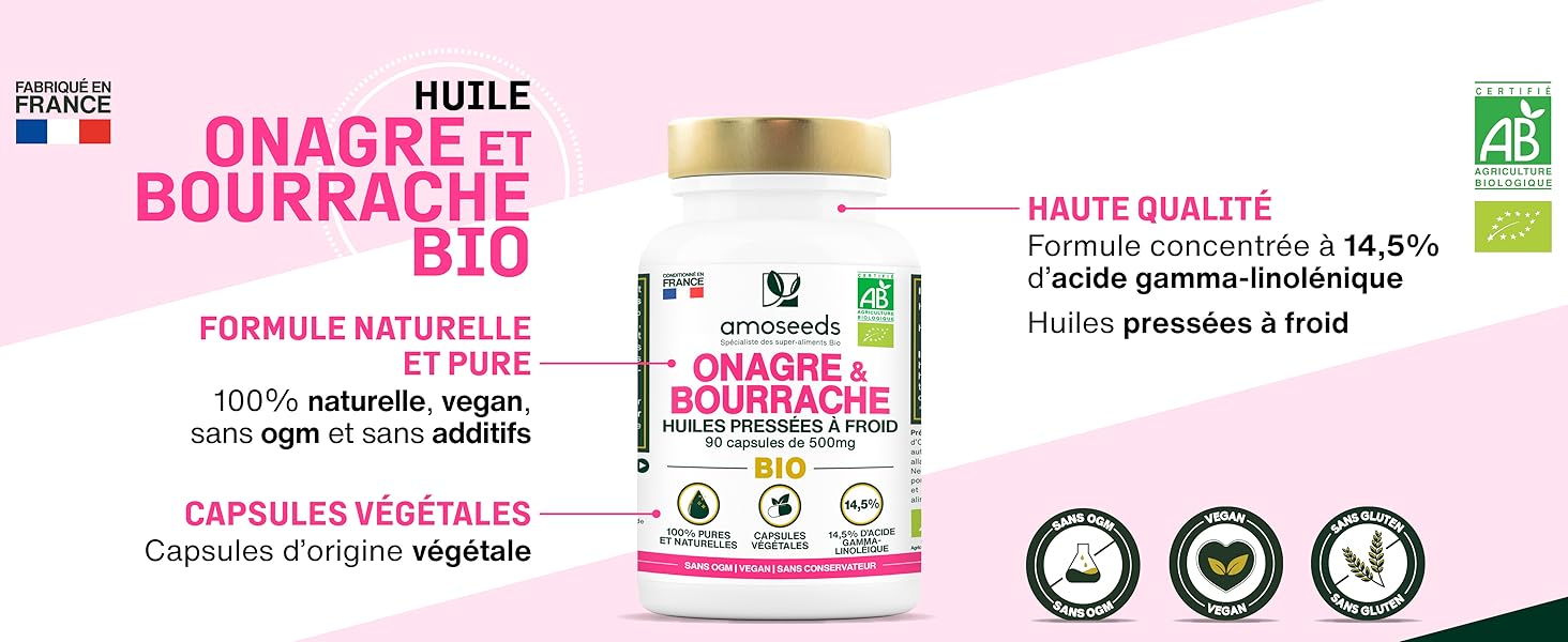 Huile d'Onagre et Bourrache Bio Capsules végétales Riche en Acides Gras Amoseeds Super-Aliments Bio