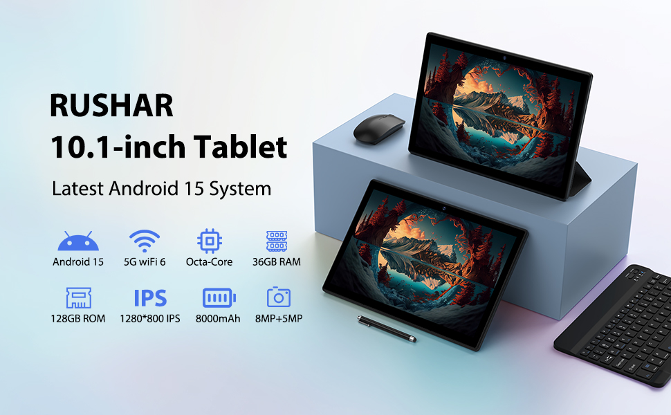 El texto dice «Tablet RUSHAR de 10.1 pulgadas con el último sistema Android 13». Imagen del producto que muestra tabletas con iconos de interfaz para WiFi, IPS y otras funciones.